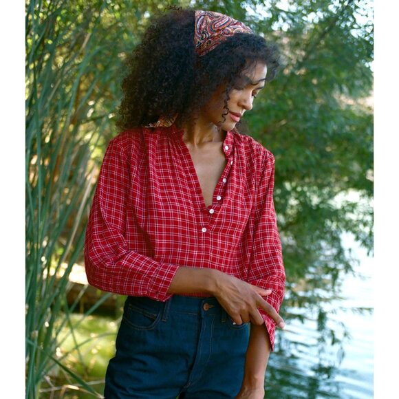 Doen Tops - Doen Holde Blouse Rouge Red Plaid Half Button Top Size Small